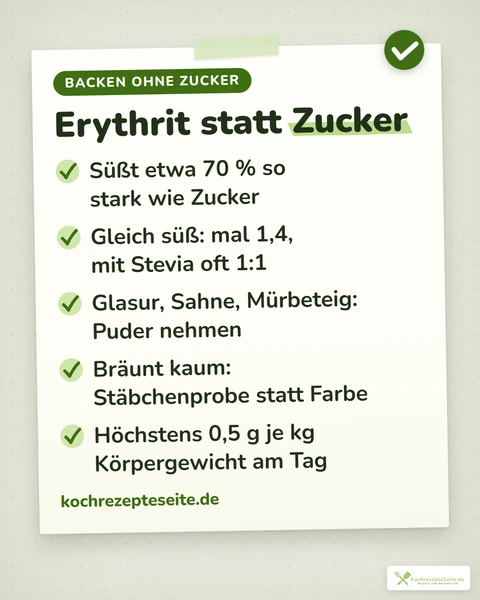 Merkkarte Erythrit statt Zucker mit den fünf wichtigsten Punkten zu Süßkraft, Umrechnung, Puder, Bräunung und Tagesmenge