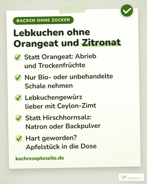 Merkkarte Lebkuchen ohne Orangeat und Zitronat mit den fünf wichtigsten Punkten zu Ersatz, Schale, Zimt, Triebmittel und Lagerung