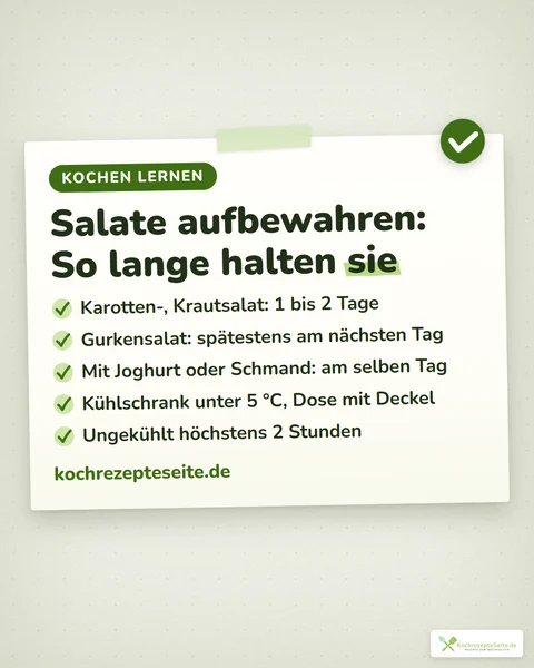 Merkkarte Salate aufbewahren: Karotten- und Krautsalat 1 bis 2 Tage, Gurkensalat spätestens am nächsten Tag, mit Joghurt oder Schmand am selben Tag, Kühlschrank unter 5 °C, ungekühlt höchstens 2 Stunden