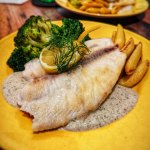 Schollenfilet mit Sonnenblumenkern-Sauce, Schupfnudeln und Brokkoli auf gelbem Teller